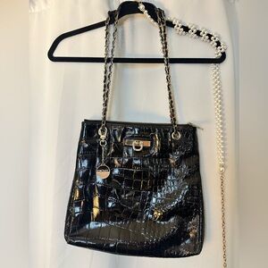 DKNY Black Croc Embossed Leather Shoulder Bag